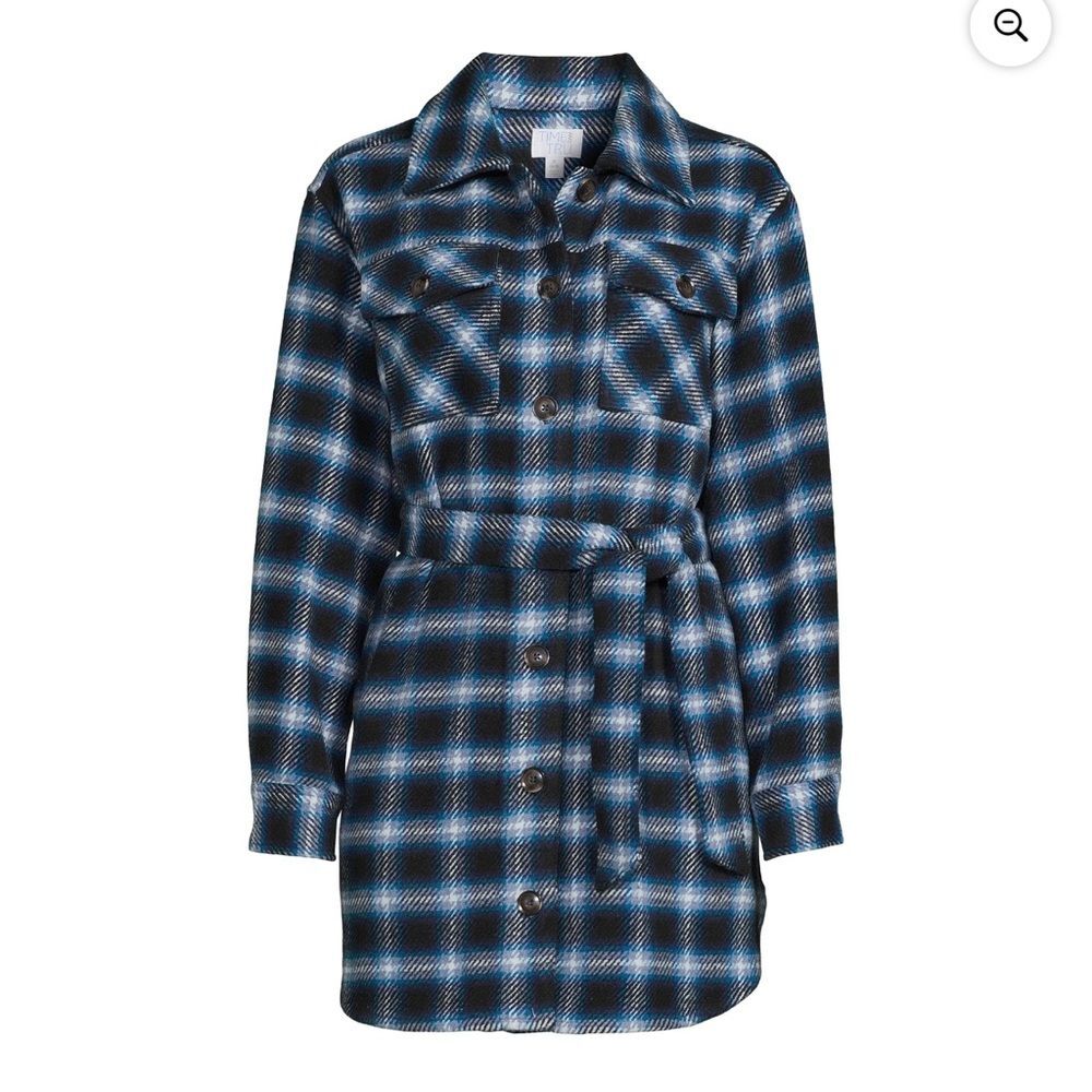 Time and Tru size large Women’s blue black plaid Belted Shacket Coat with belt